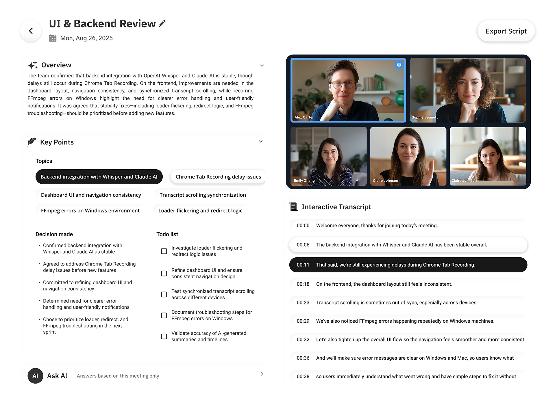 Meeting Sync Interface - Interactive transcript, AI-powered analysis, and synchronized playback